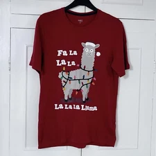 M&S LLama Christmas T Shirt Size Small Mens Red Mix Short Sleeve Top Pre Loved