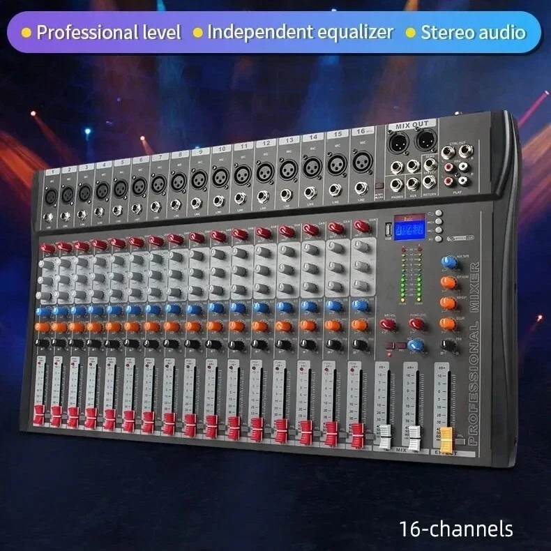 JIY 16 Channel Audio Mixer LCD Bluetooth Sound Console DJ Live Stereo Mixing USB - Image 2 of 4