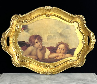 Vtg SEZZATINI SERVING/VANITY WOOD TRAY: Florentine Gold Puttis Cherubs 16  Italy