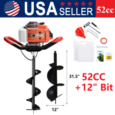52CC Post Hole Digger Gas Powered Earth Auger Digging Tool with 12'' Drill Bits
