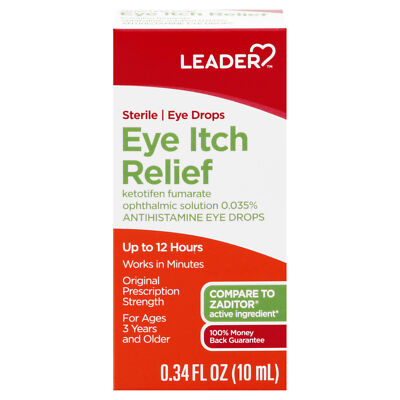 Leader Eye Itch Relief Solution Drops up to 12 Hrs Prescription Strength 0.34 Oz