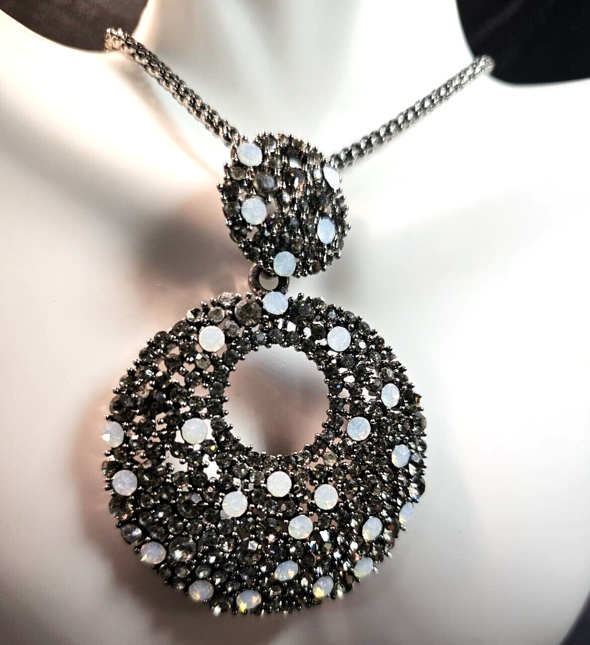 KF Statement Necklace Double Circle Rhinestones C… - image 2