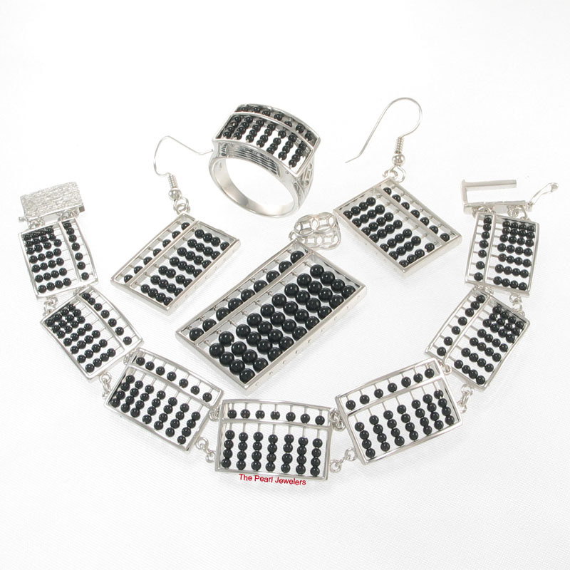 Silver .925 Abacus Design Black Onyx Bracelet, Earrings, Pendant, Ring Set