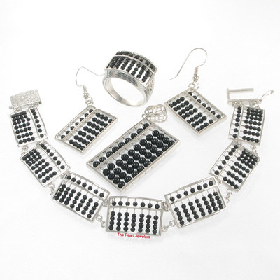 Silver .925 Abacus Design Black Onyx Bracelet, Earrings, Pendant, Ring Set