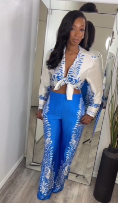 Zara Satin Floral Print High Waist Trousers Blue White Size XS M  display picture 1