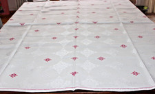 Tischdecke 1,30x1,50 m weiß Baumwoll-Damast rosa-lila Stickerei Handarbeit HB146