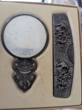 Vintage Hans Jensen Denmark Tavern Scene Silver Plated Hair Comb & Mirror Set