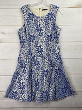 TOMMY HILFIGER Dress Sz 12 Blue White Embroidered Sleeveless Lined Zip Up Boho