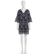Karen Kane Flare Sleeve Embroidered Mini Dress Navy With Off White