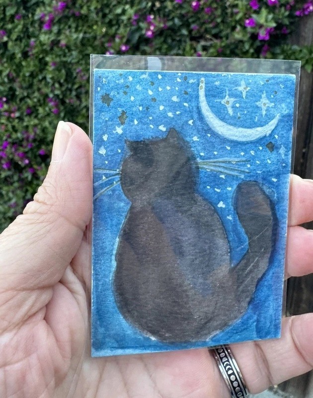 OOAK “Lunar whiskers” Original ACEO Watercolor & Ink Cat on Paper Signed 2026
