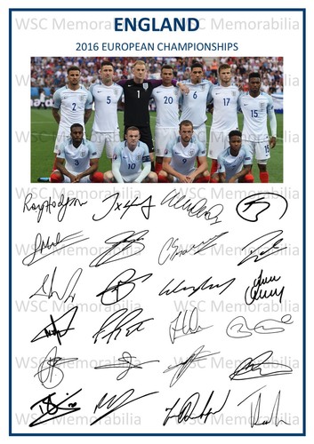 12668. England Euro 2016 Signed Team Picture Sheet (PRINTED AUTOGRAPHS - A4)