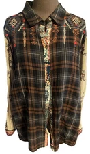 John Mark Women’s XL Top Button-Up Multicolor Embroidered Long Roll Tab Sleeve
