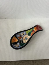 Mexican Pottery Spoon Rest Floral Hand Painted Mexico Lead Free Kitchen Decor