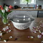 Vintage Pyrex Blue Iris Round Milk Glass Casserole Dish England