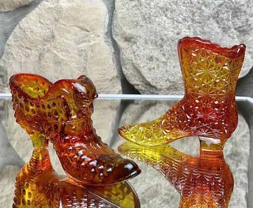 Fenton Glass Cat Boot Slipper Hobnail Daisy Amberina Orange Red Lot Of 2