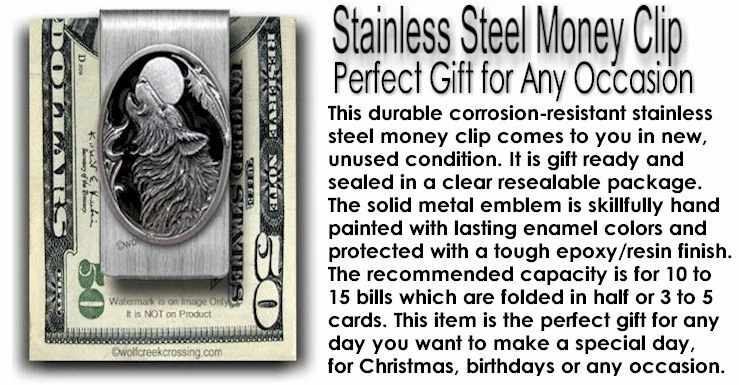 LARGE HOWLING WOLF MOON DOG EAGLE FEATHER MONEY CLIP DISCONTINUED VINTAGE NEW #E - image 3 of 4