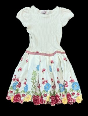 MONNALISA GIRL'S BEIGE KNIT MULTI FLORAL CAP SLEEVE EMBROIDERED DRESS 6