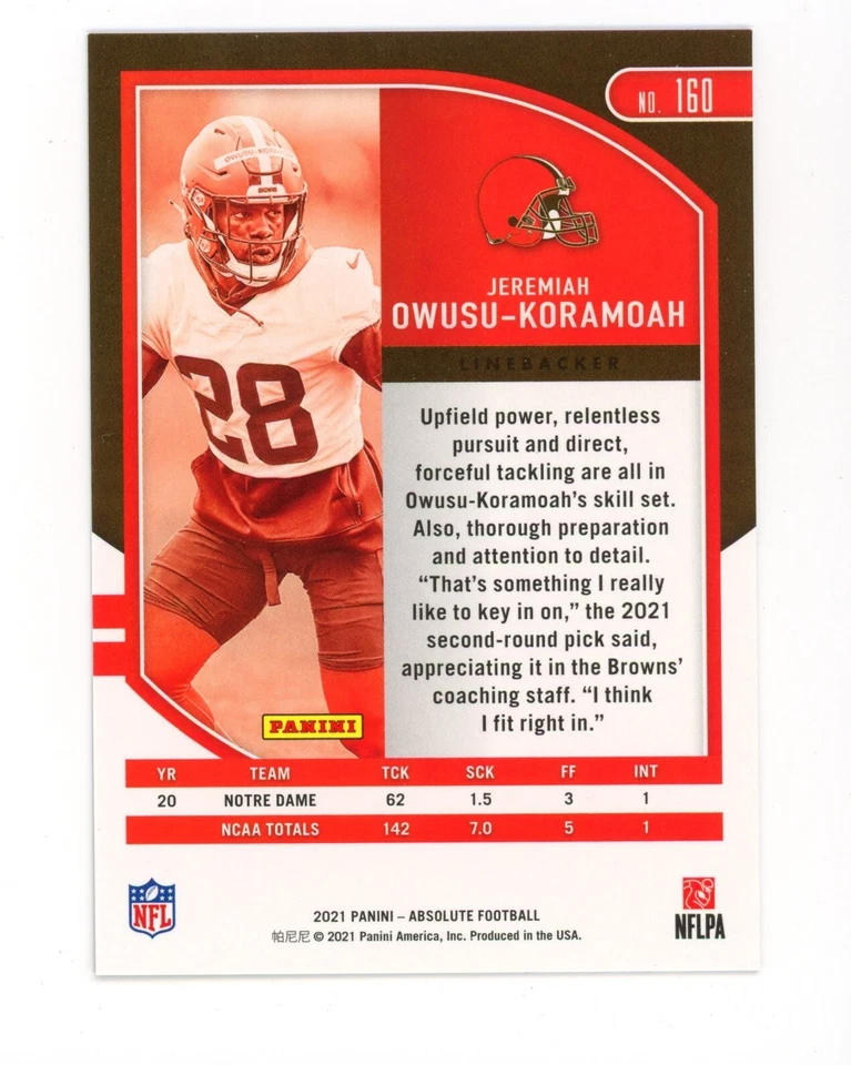 2021 Absolute Red Squares #160 Jeremiah Owusu-Koramoah RC /499 - Browns 🟠🟤 - Image 2 of 2