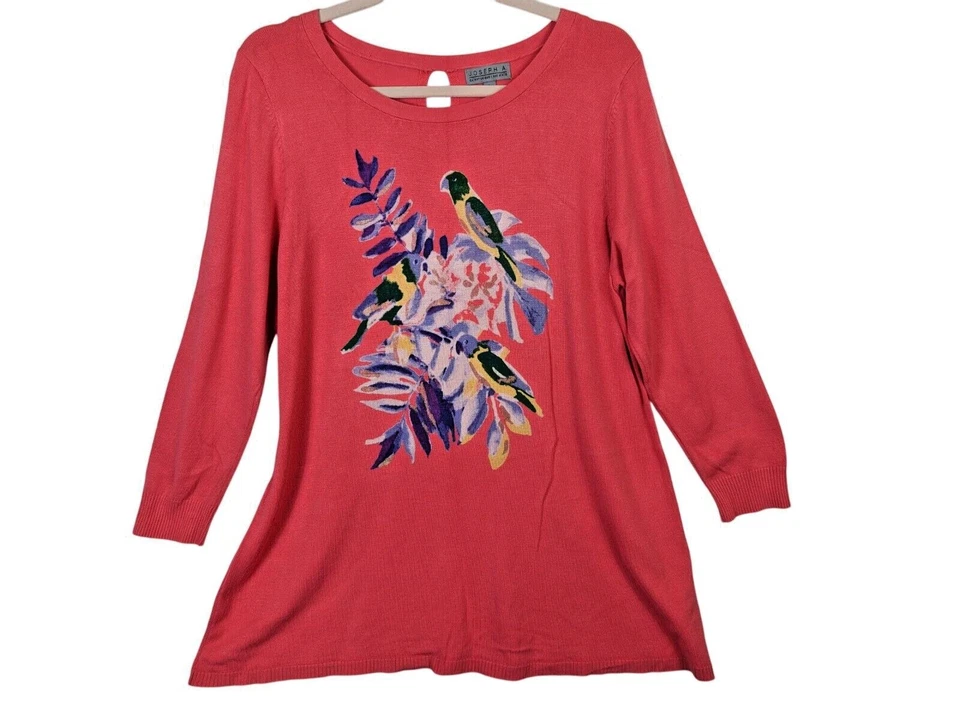 Joseph A Women size L Colorful Peach Tropical Top Parrot Bird Long Sleeve Artsy - Image 2 of 4