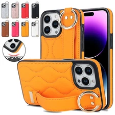 For iPhone 17 Pro Max 16E 14 13 12 11 Finger Hand Strap Ring Stand Leather Case