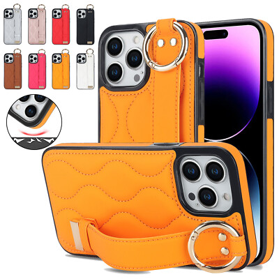 For iPhone 16 Pro Max 15 14 13 12 11 Finger Hand Strap Ring Stand Leather Case