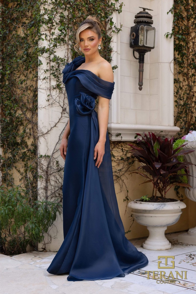 Terani Couture 242M3342 Elegant Formal Off-Shoulder Long Evening Premium Dress - Navy / 0
