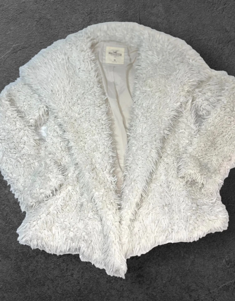 Abrigo Hollister Marfil Blanco Imitación Piel Frente Abierto Falso Difuso Cómodo Talla Grande XL Foto 2 de 4