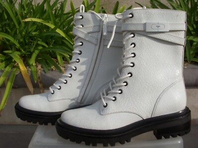Tory Burch White Logo T Hardware Crackle Combat Boots Size 7M Insole 3/8
