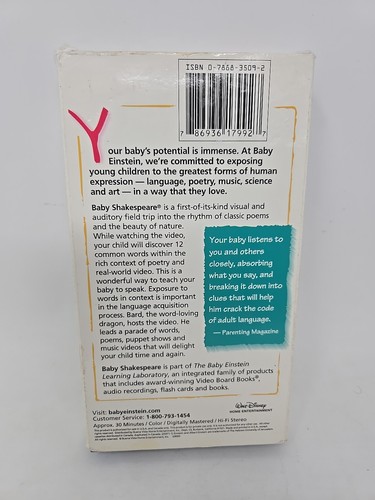 Baby Einstein Baby Shakespeare World of Poetry VHS Tape 2001 Vocabulary Kids - Foto 2 di 5