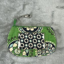 Vera Bradley ID Case Coin Purse Wallet Green Blue Floral Clip Zip Top