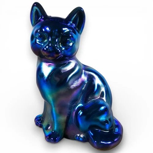 Fenton Art Glass Cat Figurine Blue Carnival Iridescent Signed Sean K Fenton