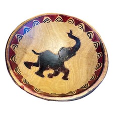 Hand Carved Hand Painted African Wooden Bowl Elephant Trunk Up 6 Diameter