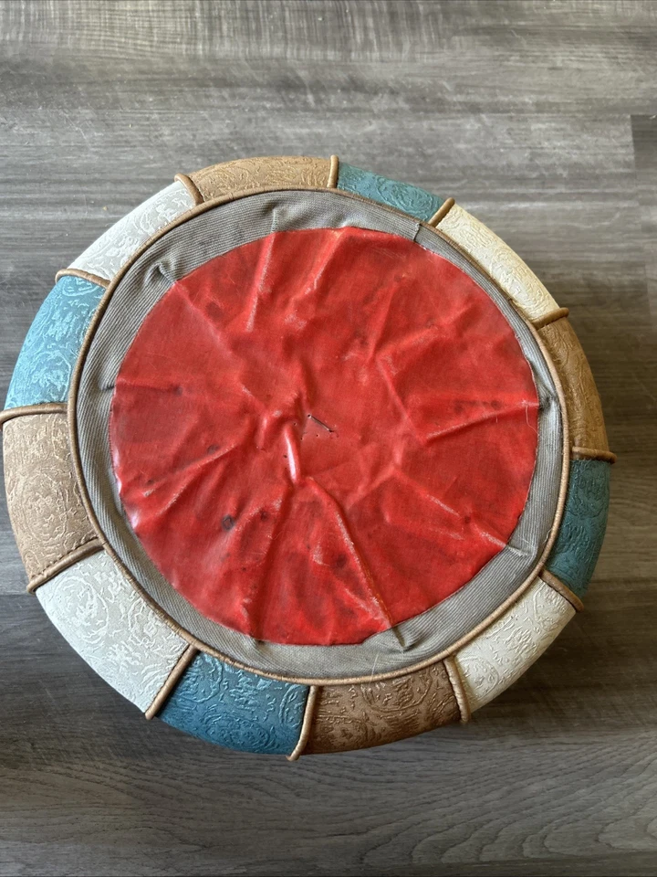 Vintage Mid Century Modern Round Vinyl Ottoman Footstool Pouf Hassock B78 - Image 3 of 3