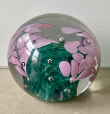 Vintage Signed Stephen Morris Studio Art Glass Paperweight Pink Floral & Bubbles