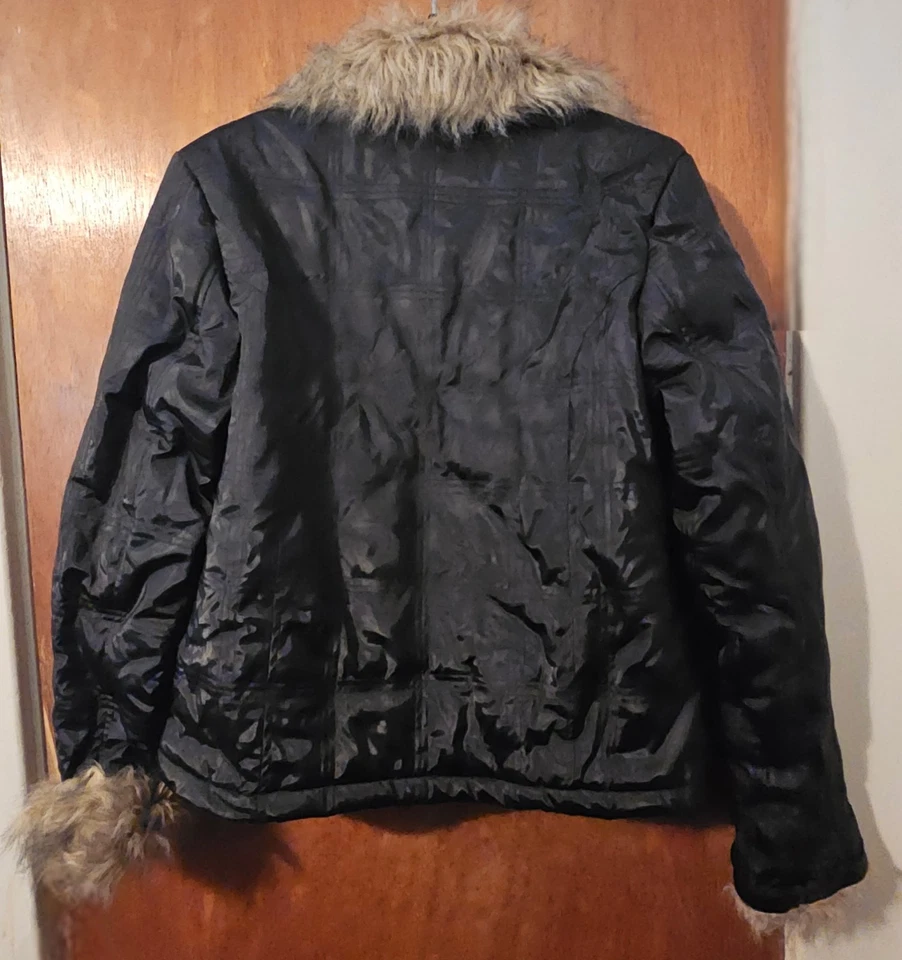 KC Collections M Black Checker Zip Faux Fur Cuff Collar Puffer Winter Storm Coat - Image 2 of 4