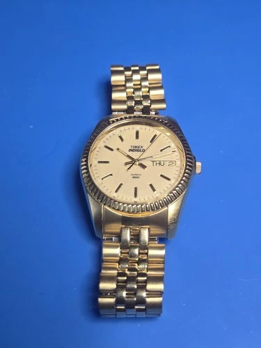 Vintage Timex Indiglo Watch Men 34mm Gold Tone Day Date New Battery 8"