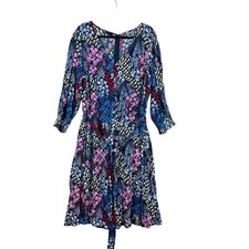 Talbots Womans Sz 16 Dress Floral Blue 3/4 Sleeve V Neck Zip Back Belted