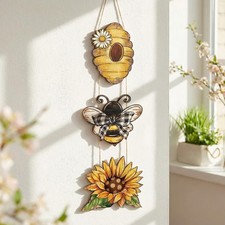 Spring Bee Front Door Sign Wooden Bee Welcome Sign with Honeycomb Sunflower Yell
