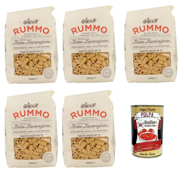 Rummo Tubetti Rigati N. 72 Pasta Bronzezeichnung 5X500G+Polpa 400G-image