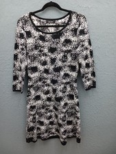 Nine West Women S Dress Black Cotton Heart Print 3/4 Sleeve A-Line Crew Neck