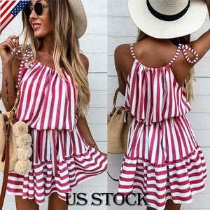 Women-Summer-Short-Mini-Dress-Red-White-Striped-Holiday-Beach-Casual-Sundress-US