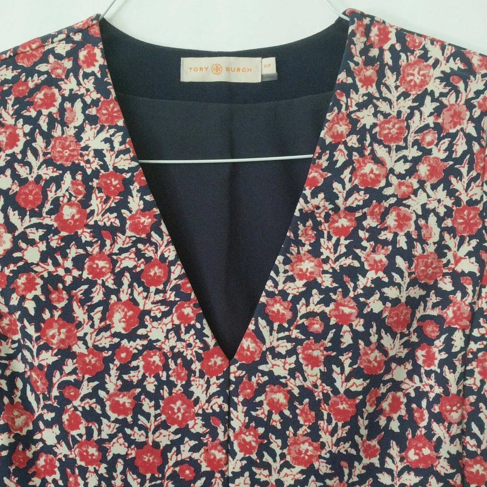 Piccolo abito Tory Burch rosso blu floreale manica ad aletta adatta festa matrimonio