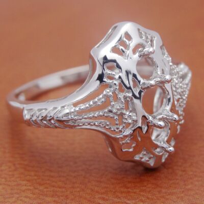 925 Silver Engagement Art Deco Engraved Three Stones Semi