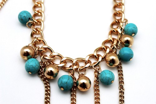 Women Ball Pendant Gold Metal Body Chain Necklace Fashion Jewelry Blue Turquoise - Picture 3 of 12