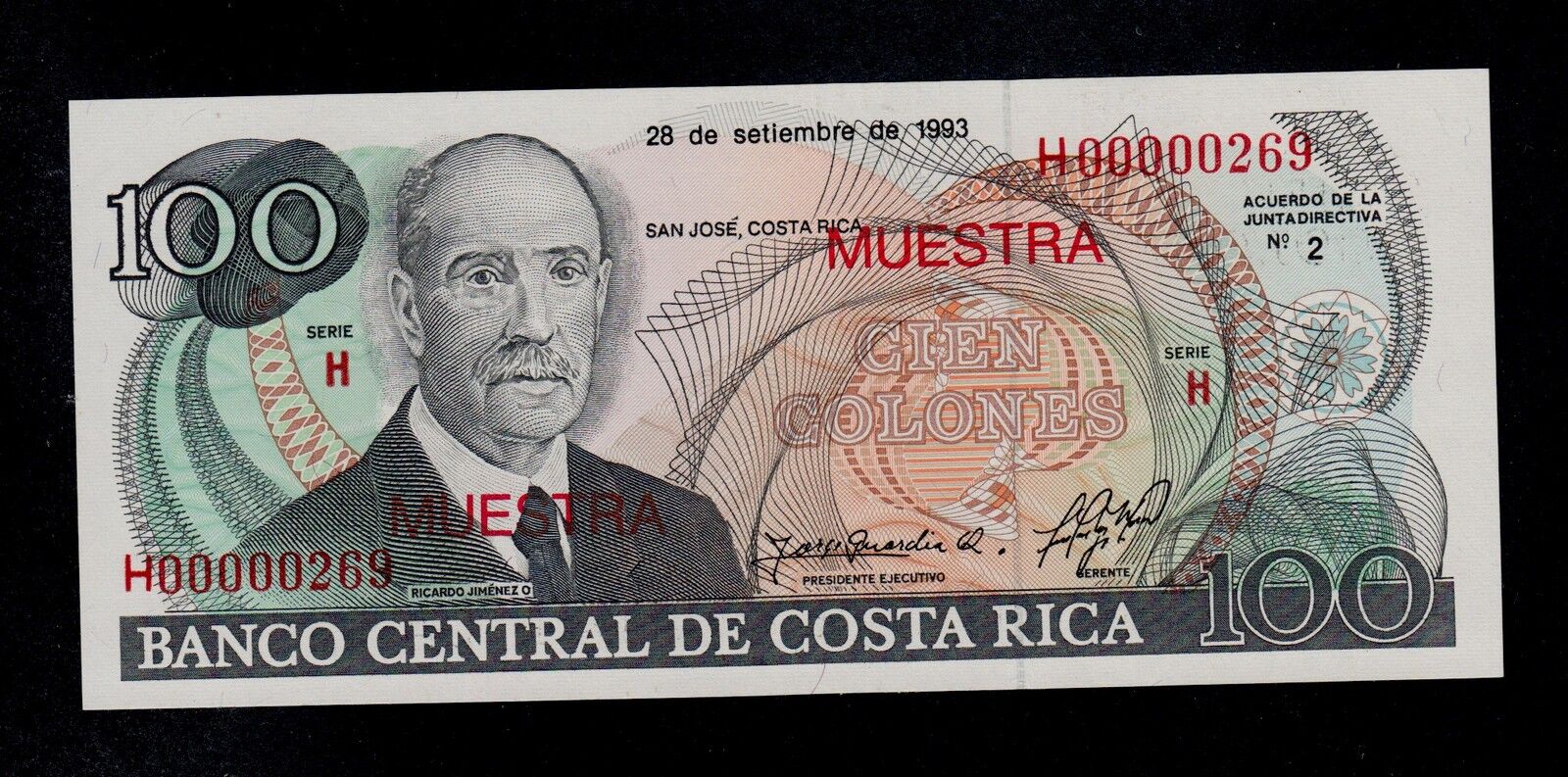 COSTA RICA  SPECIMEN  100 COLONES 1993  PICK # 261  UNC. Brak gotówki przy odbiorze