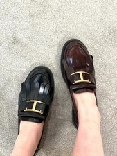 Tod's women's flat round toe casual loafers shoes real Leather Luxury black