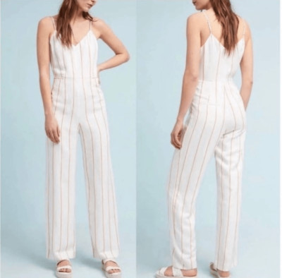 Anthropologie The Essential Jumpsuit Linen Blend Cream striped women s Size 8