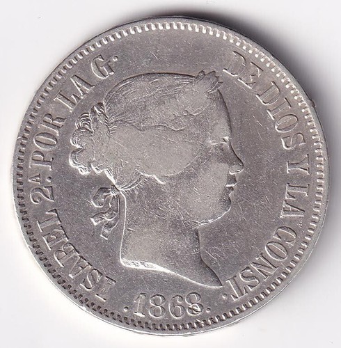 1868 ISABEL II 50 Centimos Spanish Philippine Silver Coin KM# 147, Stock - Z10 - Afbeelding 2 van 4