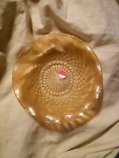 Amber Depression Glass Candy Dish with Scalloped edge and Diamond pattern