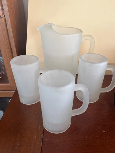 Vtg Tiara Indiana Glass Frosted Satin 56 oz Pitcher 8 1/2" Tall W/ Three Mugs